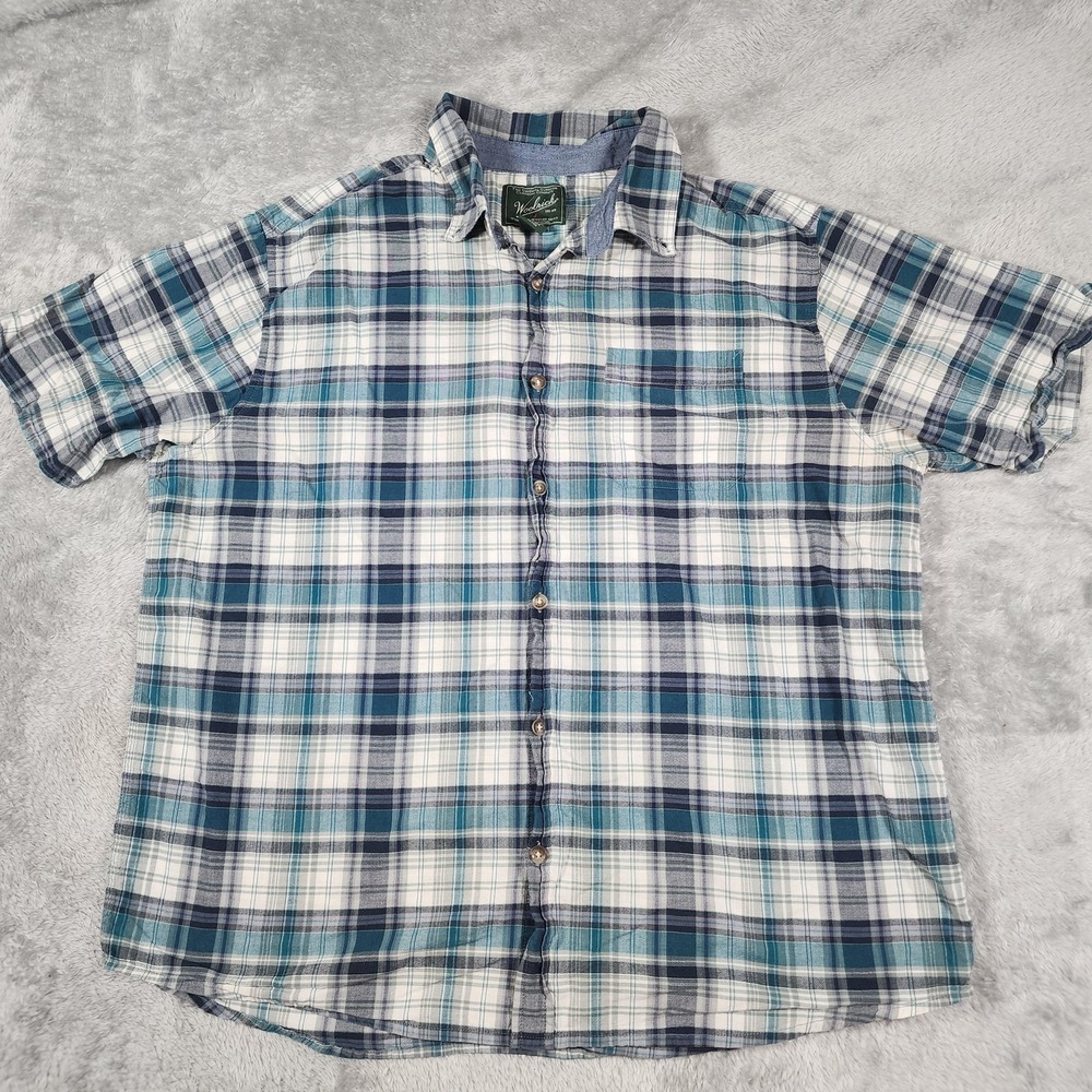 Woolrich Shirt Mens XL Blue Green Plaid Short Sleeve Button Front Organic Cotton